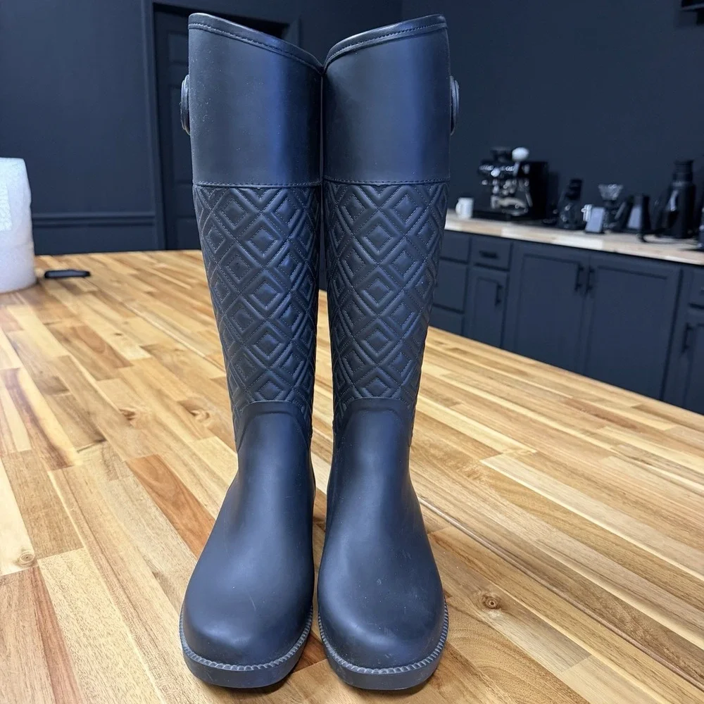 Tory Burch Marion Quilted Rain Riding Boots in Black Size 7